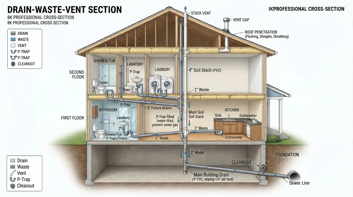 Cross-section diagram illustrating how a residential Drain-Waste-Vent (DWV) system uses gravity and roof vent stacks to remove wastewater while maintaining proper air pressure and preventing sewer gases from entering the home.