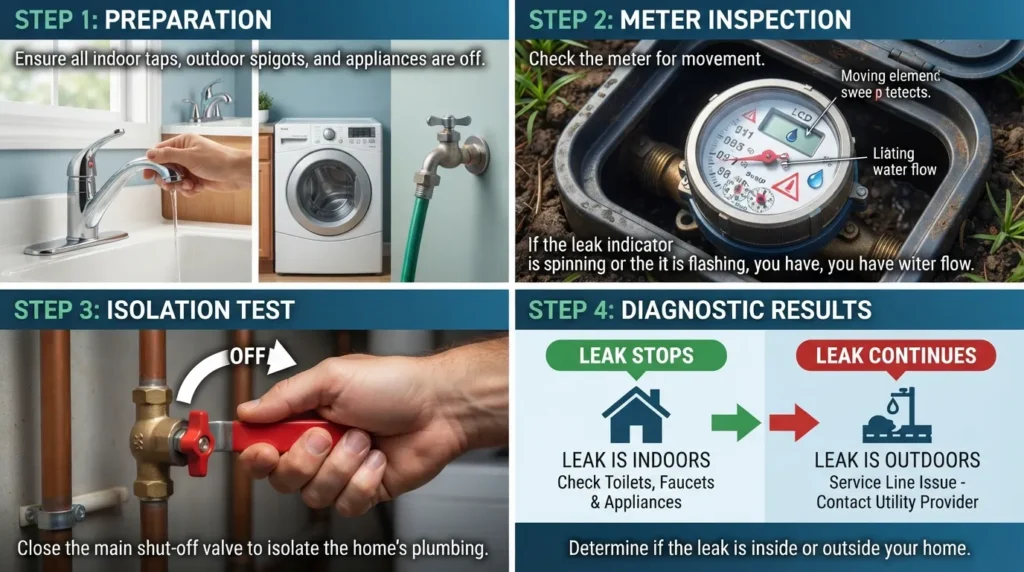 Step-by-step visual diagram showing how to perform a water meter leak test and isolate hidden indoor or underground plumbing leaks.