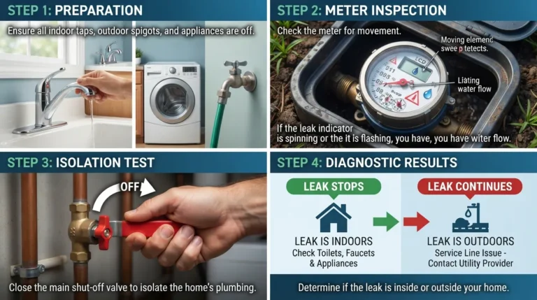 Step-by-step visual diagram showing how to perform a water meter leak test and isolate hidden indoor or underground plumbing leaks.