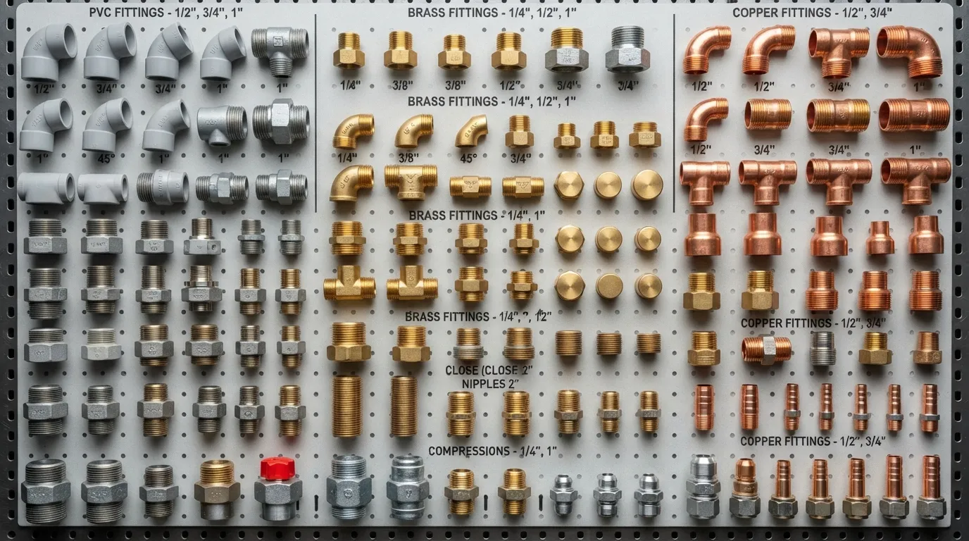 Close-up photo of various plumbing fittings, connectors, and adapters laid out for selection during a home improvement project.