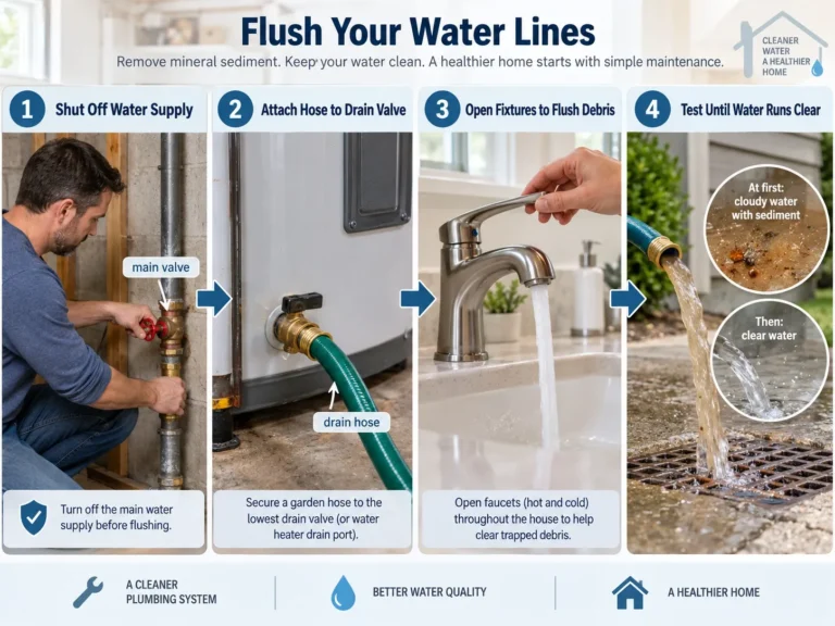 Step-by-step DIY guide showing a homeowner how to flush and clean sediment from residential water supply lines.