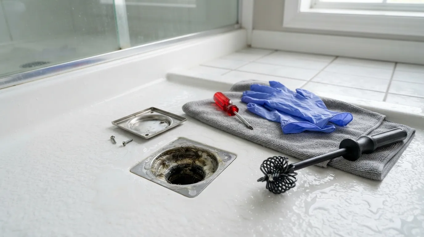 Step-by-step view of cleaning a shower drain using a basic method, showing tools like a screwdriver and brush near the drain opening.