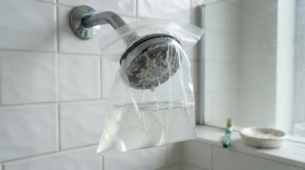 Hand holding a shower head with a plastic bag filled with white vinegar tied around the nozzle to remove mineral buildup and clogs