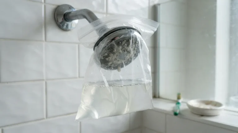Hand holding a shower head with a plastic bag filled with white vinegar tied around the nozzle to remove mineral buildup and clogs
