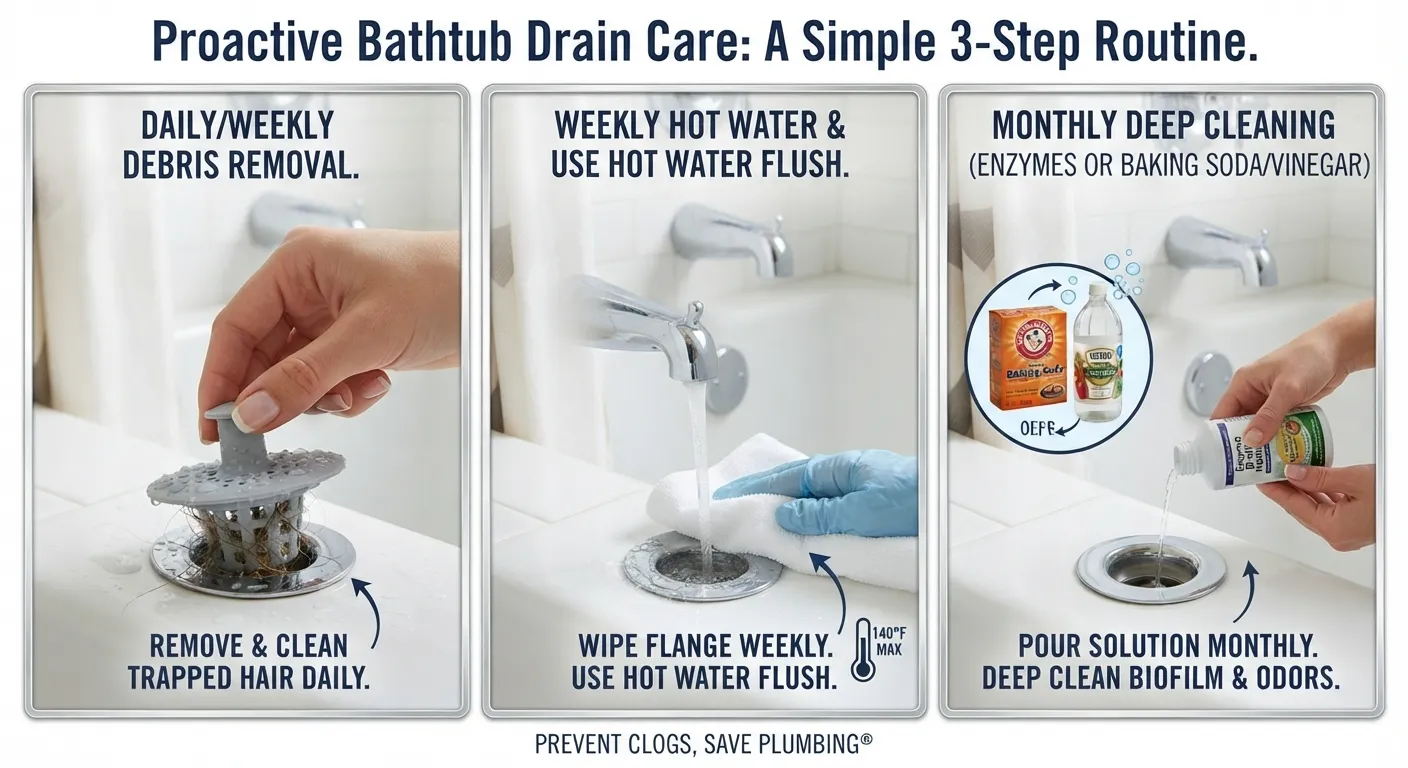 Close-up of a person using a silicone hair catcher and pouring a monthly maintenance cleaning solution into a residential bathtub drain.