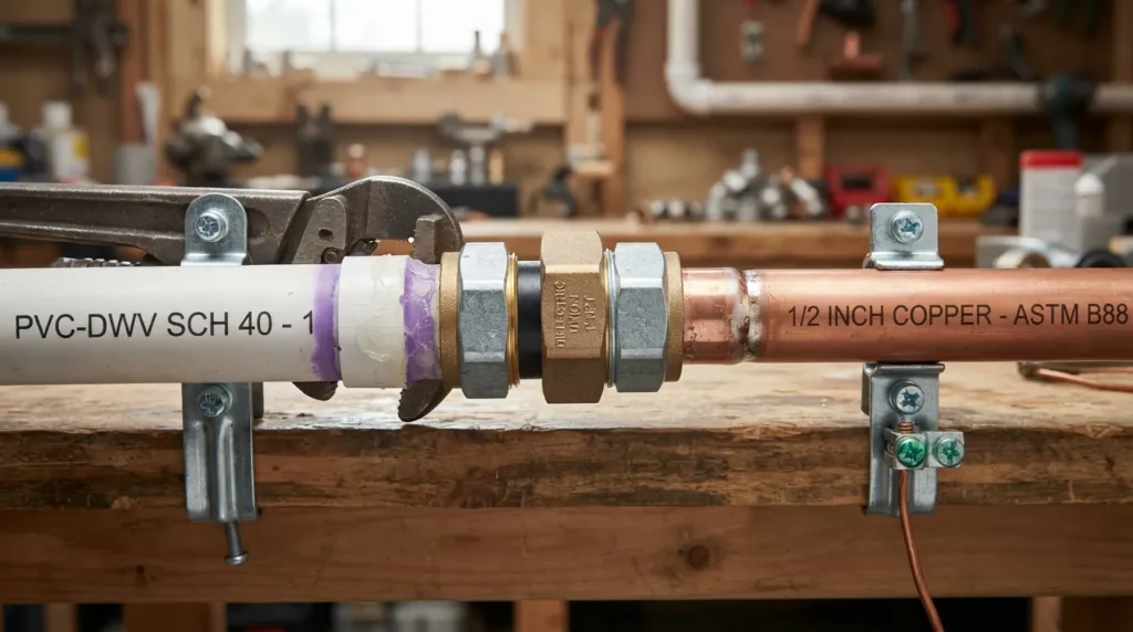 A close-up view showing a transition fitting and clamps securely joining a PVC pipe to a copper pipe in a plumbing installation.