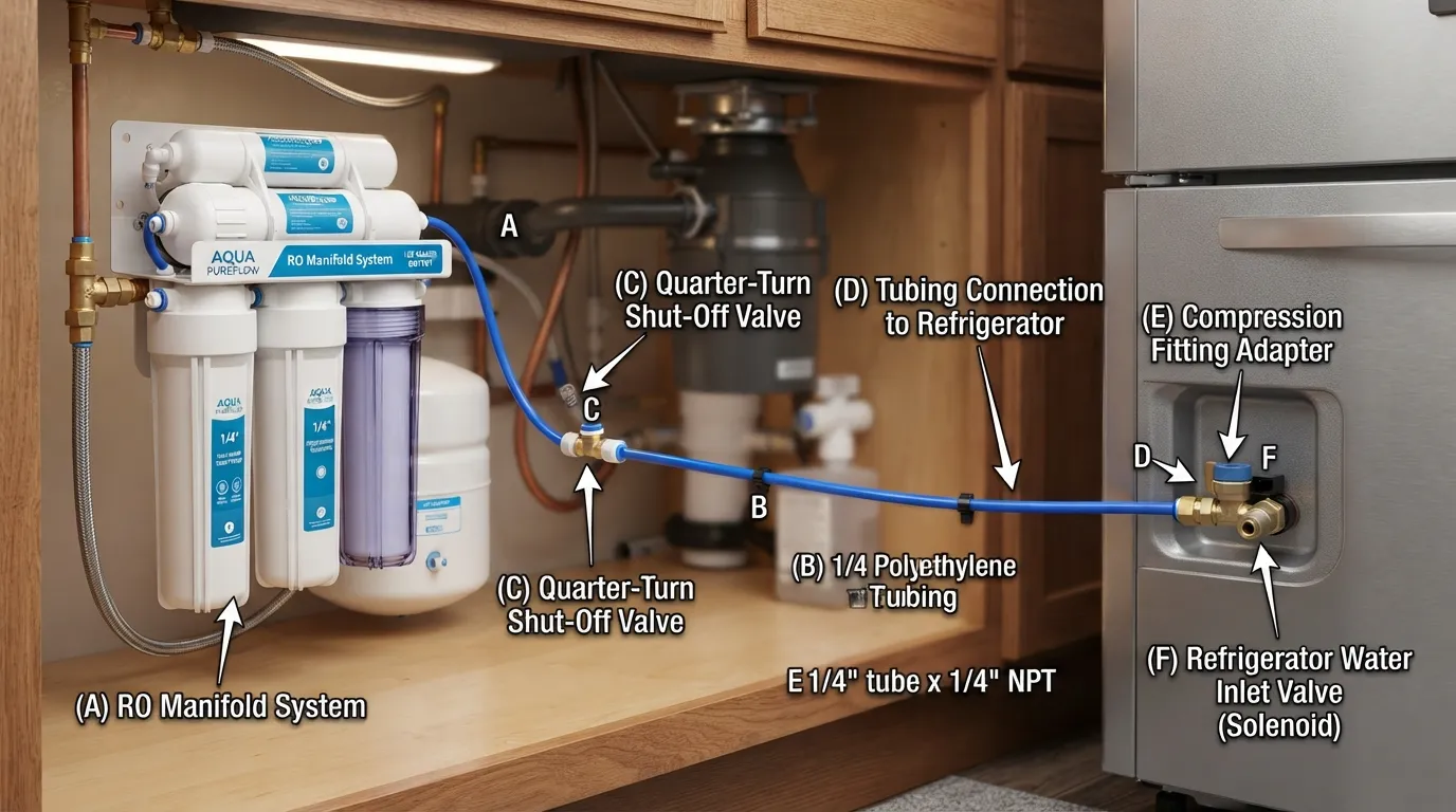 Step-by-step diagram showing how to connect a reverse osmosis water system tubing to a refrigerator ice maker supply line using a shut-off valve and fittings.