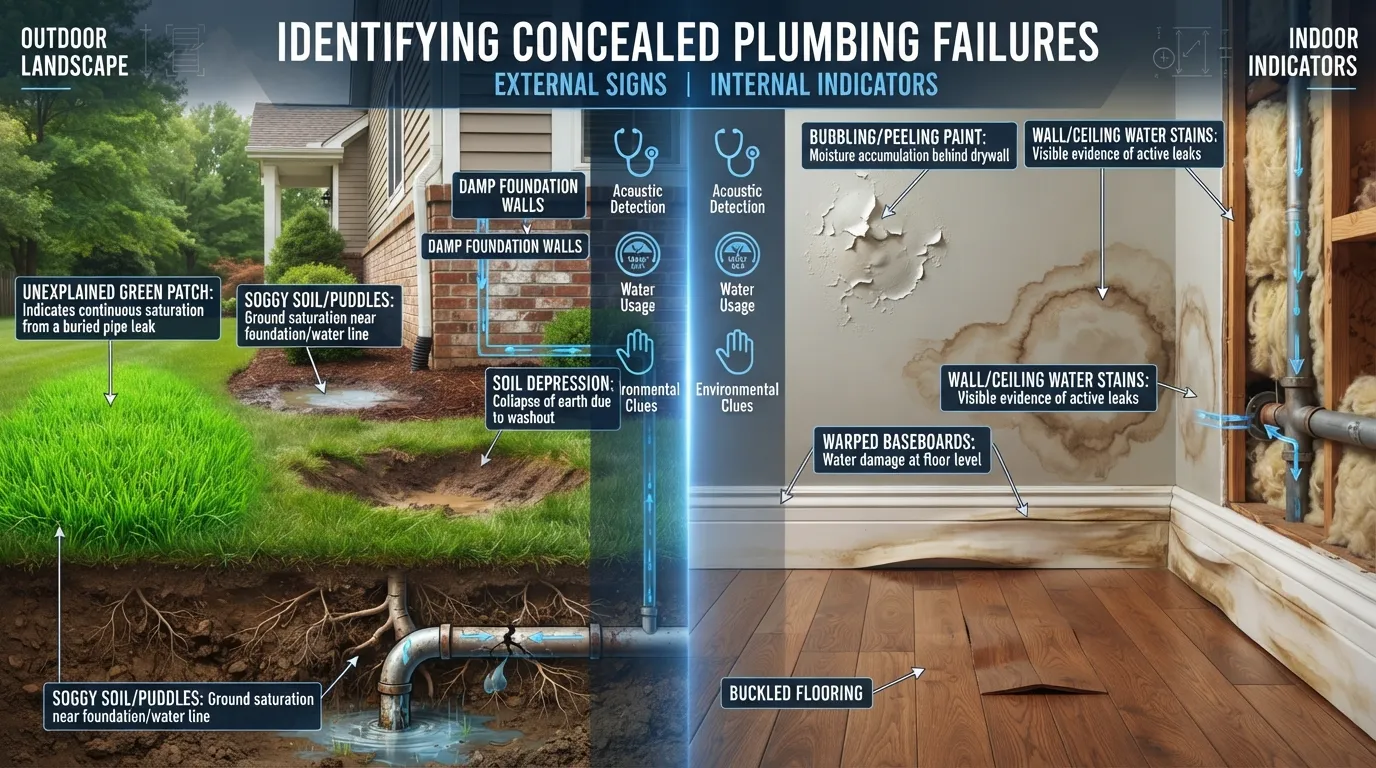 Detailed infographic illustrating visual signs of underground service line breaks and in-wall water leaks, including wet yard patches and peeling drywall.