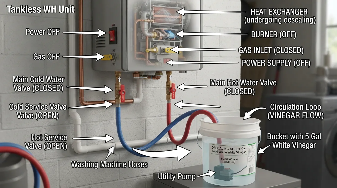 A complete setup of a tankless water heater flushing process showing a utility bucket filled with white vinegar, a transfer pump, and hoses connected to the isolation service valves. 