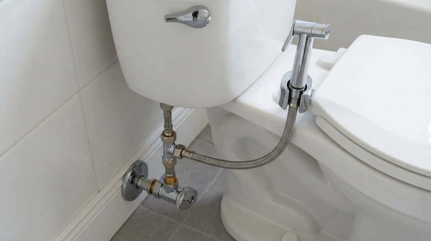 Step-by-step installation of a handheld bidet sprayer connected to a toilet tank water supply valve.