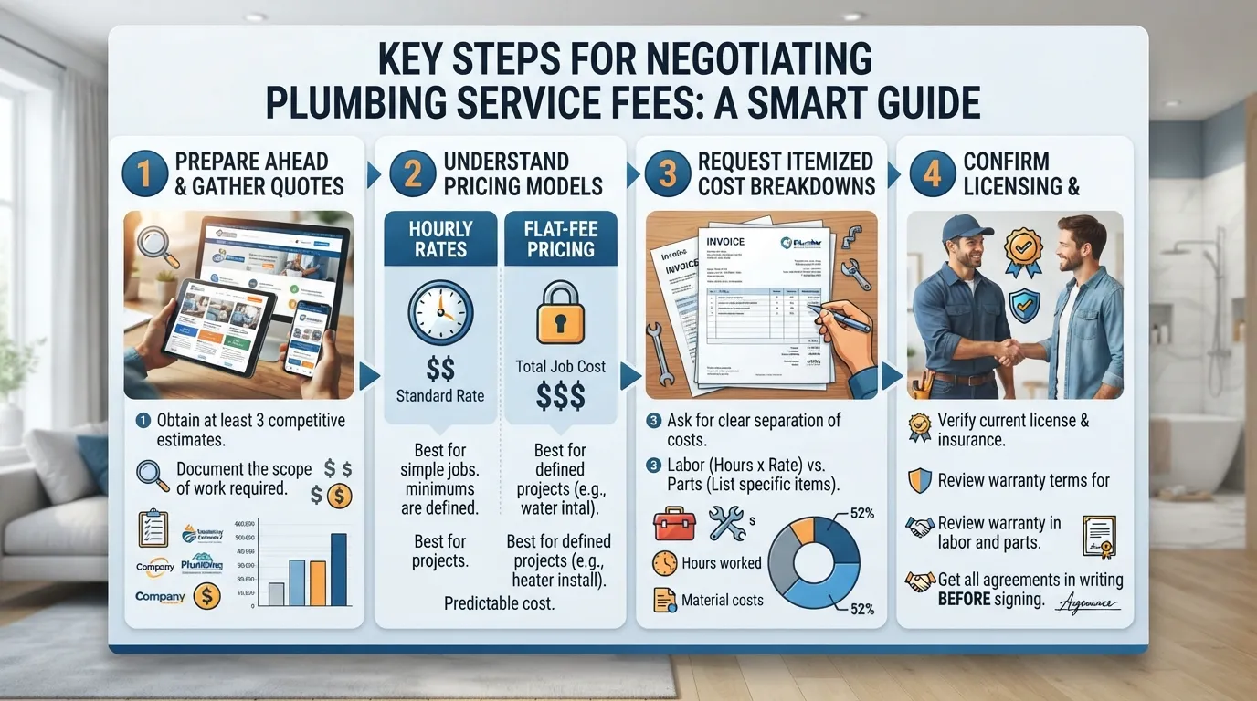 A homeowner discussing service rates and plumbing repair estimates with a professional contractor.