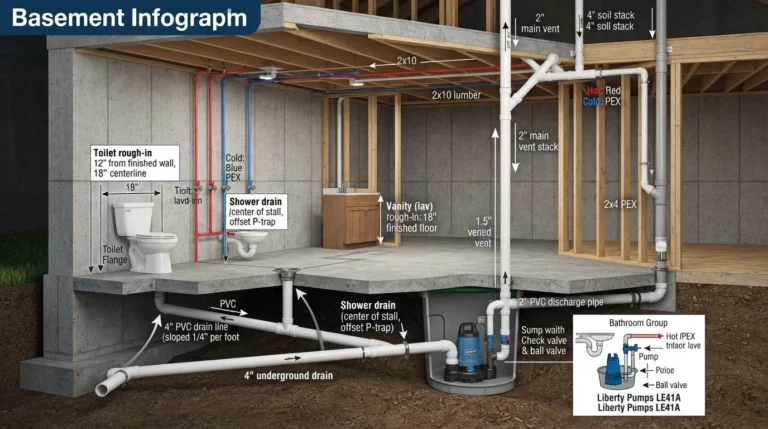 A complete DIY plumbing layout showing a basement bathroom setup with exposed drainage pipes, a toilet rough-in, shower drain, and water supply lines connected to a sewage ejector pump system.