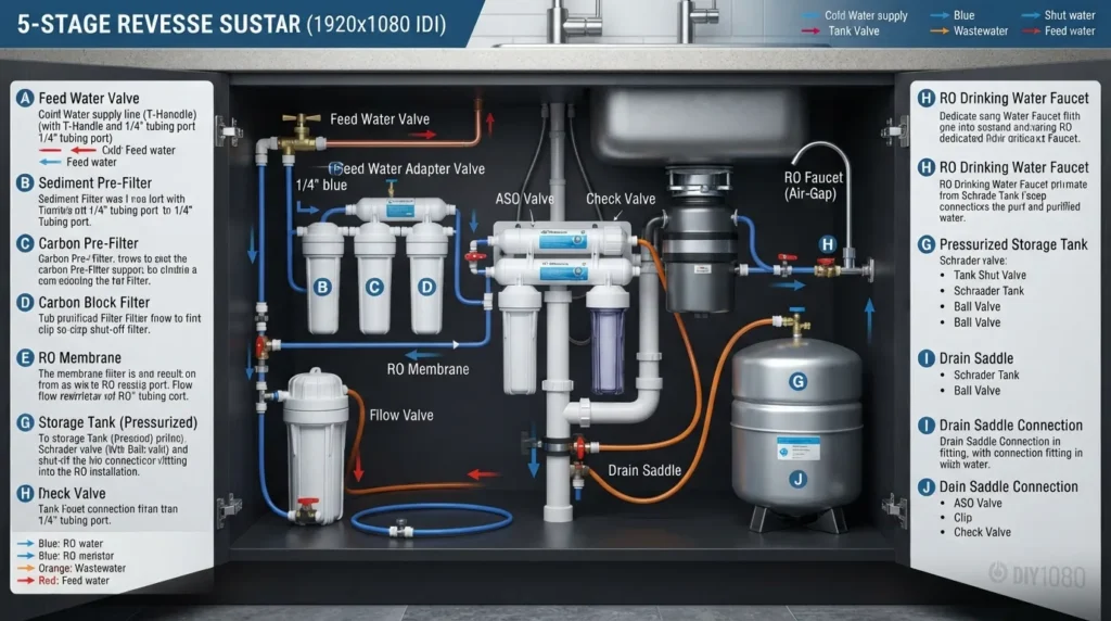 Step-by-step DIY plumbing diagram showing how to connect a reverse osmosis system to the water supply, drain, and faucet.