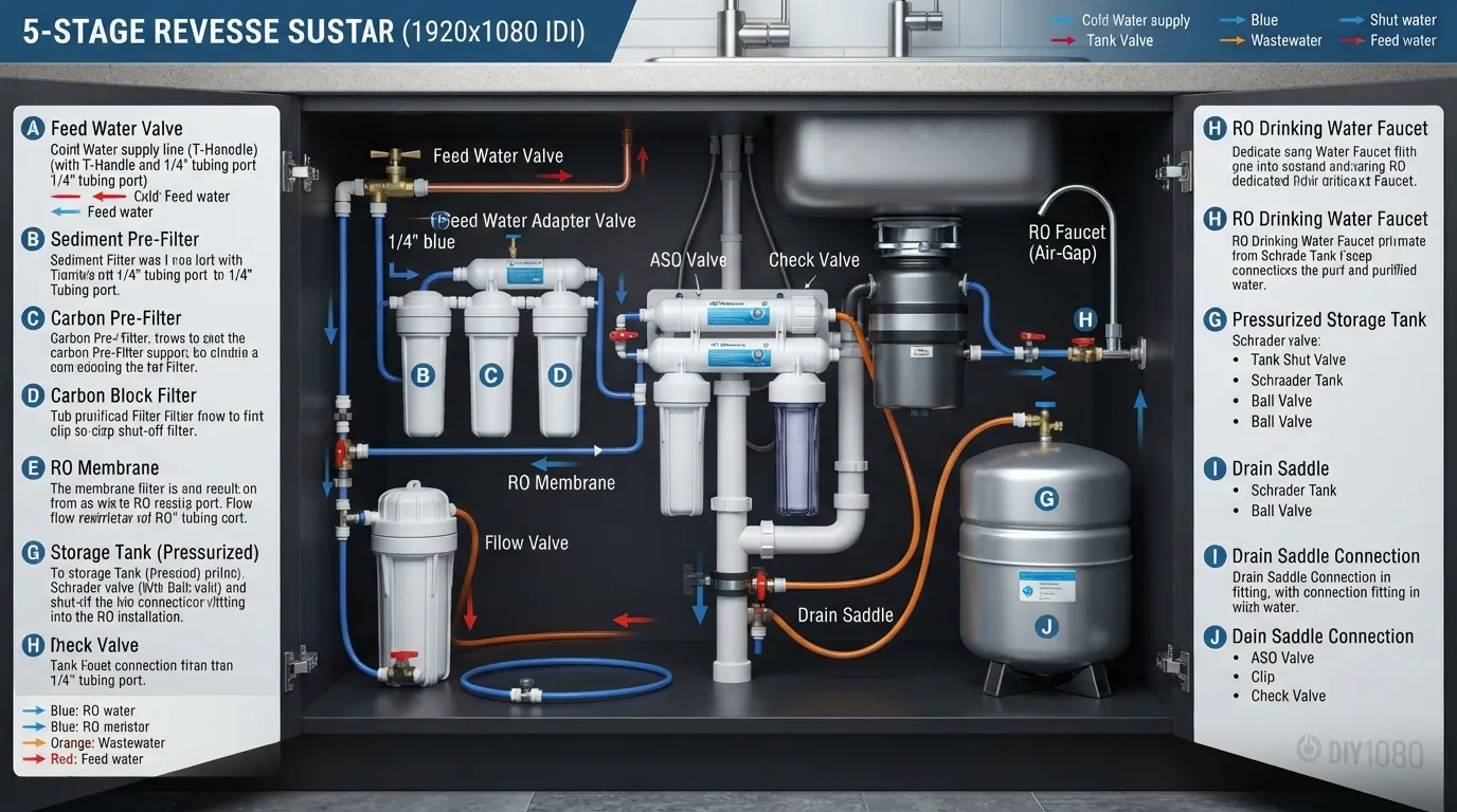 Step-by-step DIY plumbing diagram showing how to connect a reverse osmosis system to the water supply, drain, and faucet.