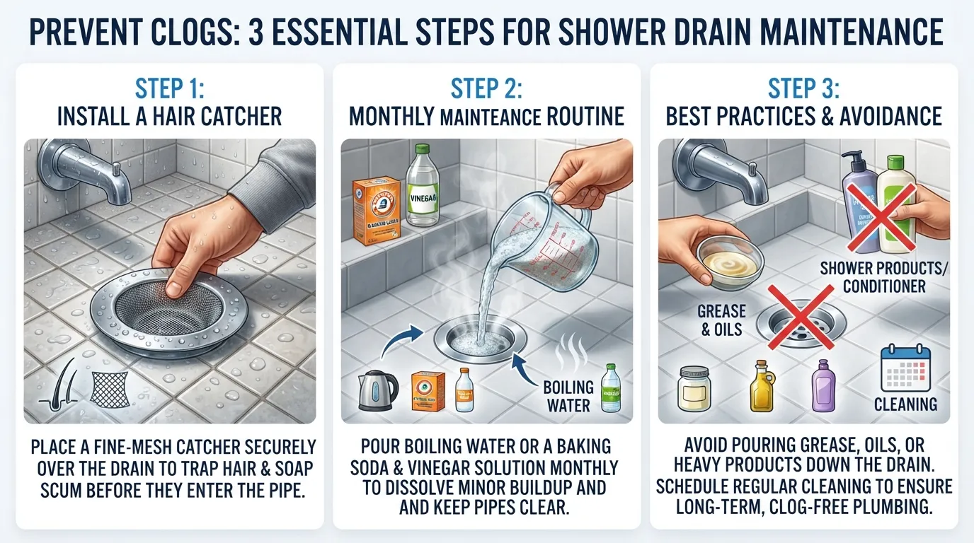 Step-by-step visual guide showing effective methods to prevent future shower drain clogs, including using a hair catcher, monthly hot water flushes, and a natural baking soda and vinegar treatment.