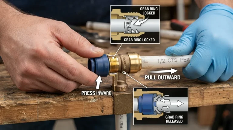 Step-by-step demonstration of pressing the collet ring and pulling out the pipe to remove a quick-connect plumbing fitting.