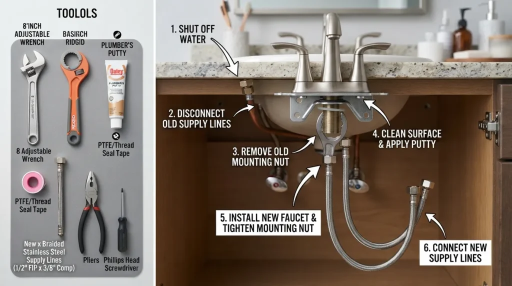 DIY installation guide showing tools, supply lines, and plumbing steps for replacing a bathroom sink faucet