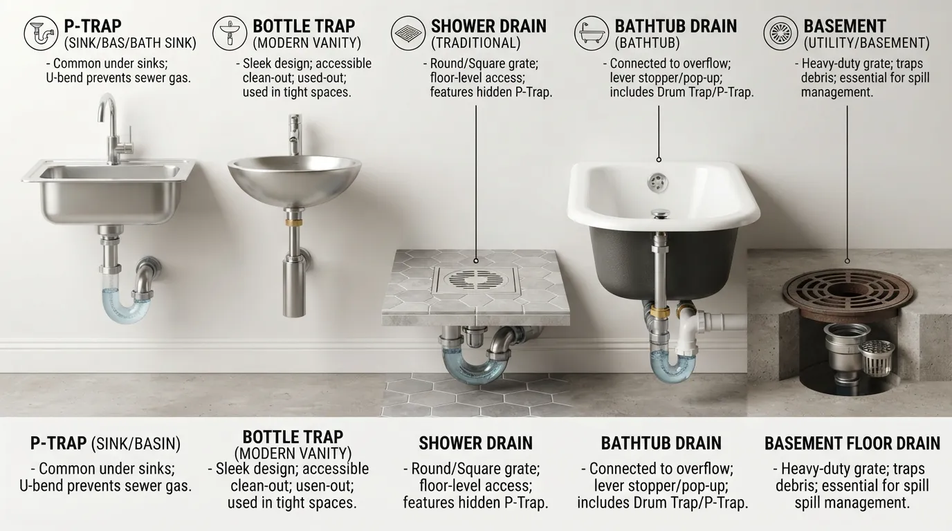 A close-up view of different home drain types, including P-traps and floor drains, laid out for a homeowner identification guide.