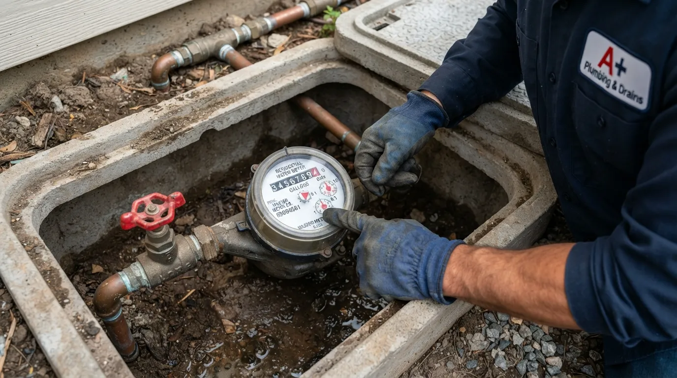 Plumber testing a household water shut-off valve using a water meter dial to check for ongoing flow and leaks