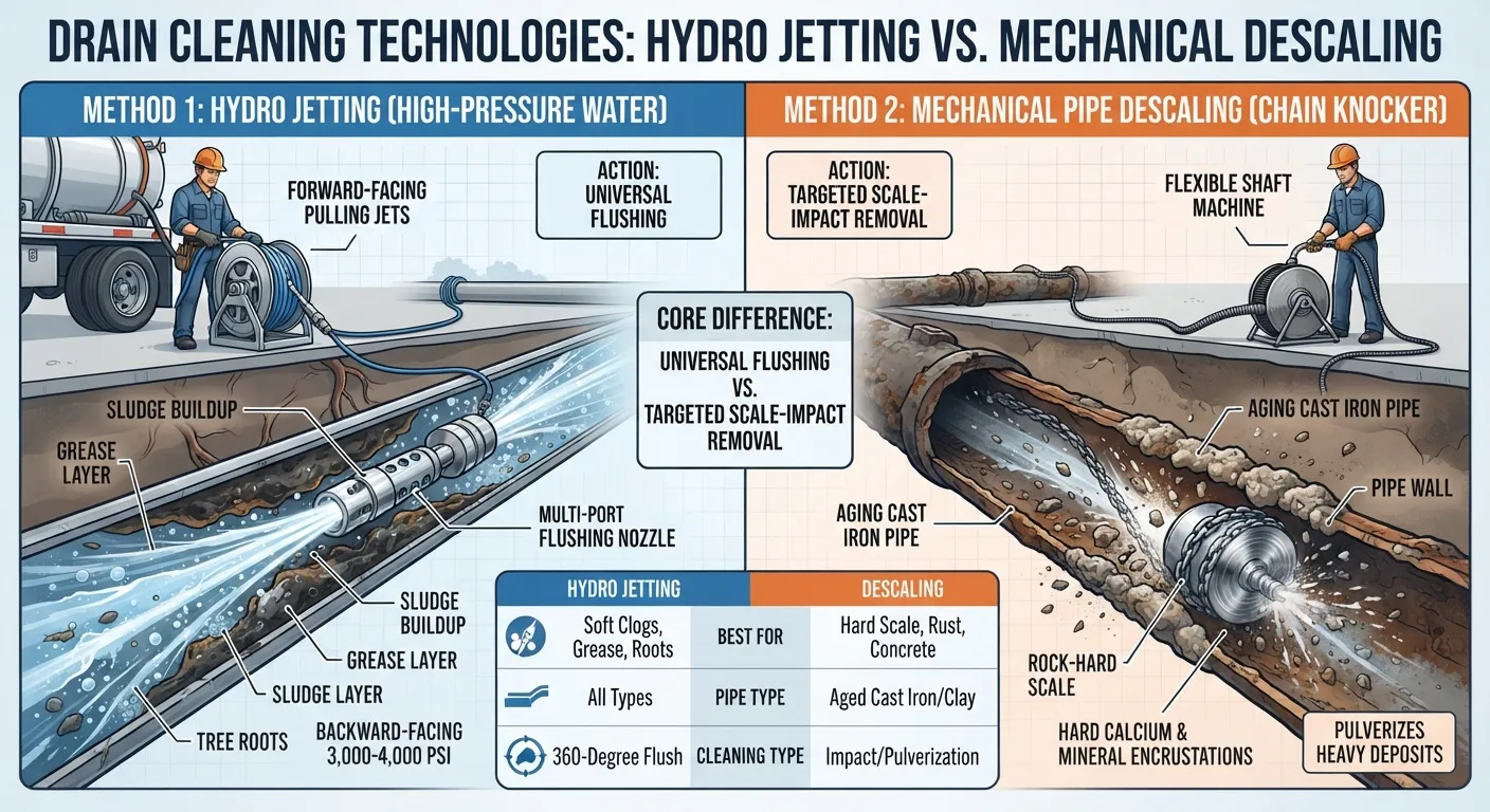 Side-by-side visual comparison of hydro jetting using high-pressure water streams and mechanical pipe descaling using rotating chain knockers inside a sewer pipe.