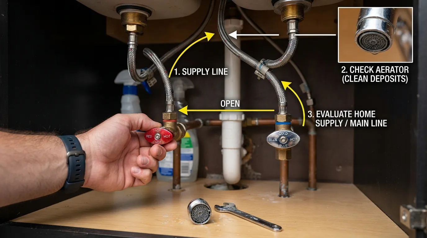 Plumber checking under-sink shut-off valves and supply lines to diagnose why a faucet runs dry.