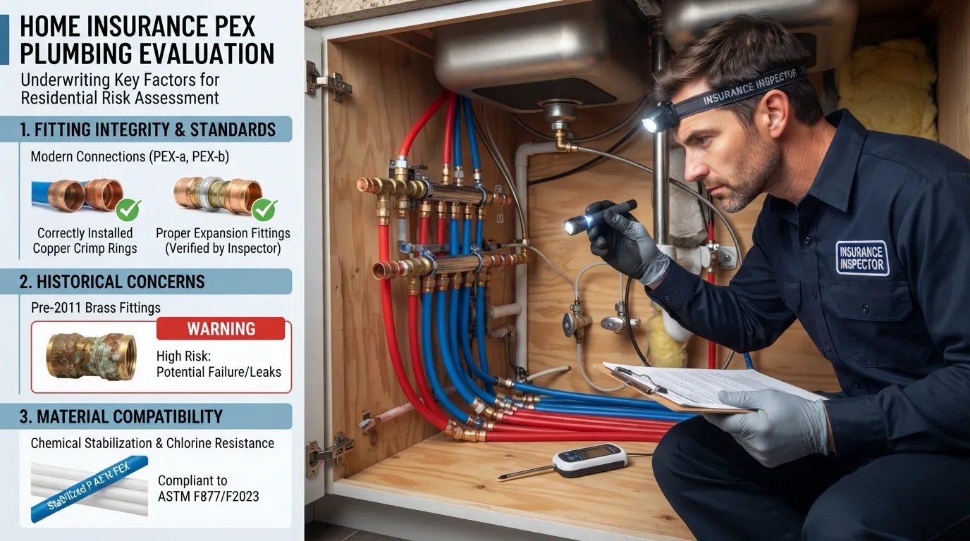 Close-up of a professional home inspector examining a PEX plumbing connection and brass fittings under a residential sink.