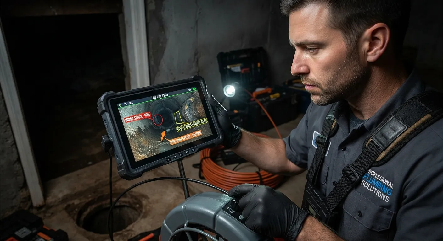 Plumber performing a sewer camera inspection before hydro jetting to check pipe integrity and prevent damage to old pipes
