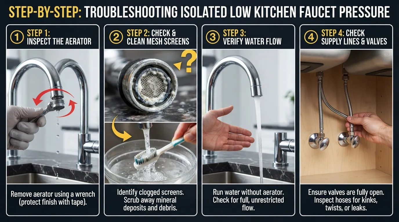 Close-up of a kitchen faucet aerator being unscrewed for cleaning to fix isolated low water pressure.