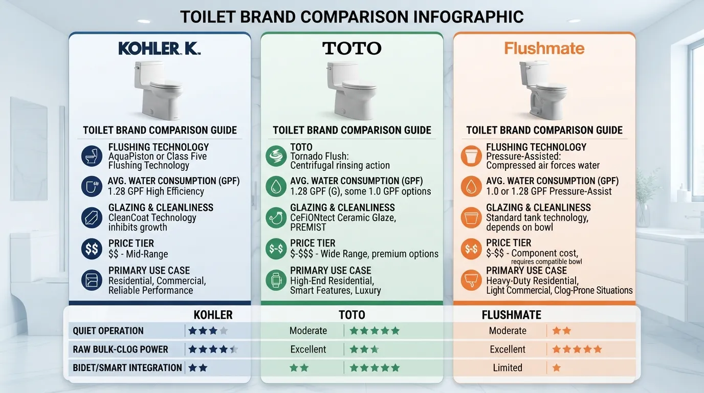 Comparison chart showing Kohler, TOTO, and Flushmate toilet features, highlighting flush power, water efficiency, smart bidet technology, and pressure-assisted mechanisms side by side.