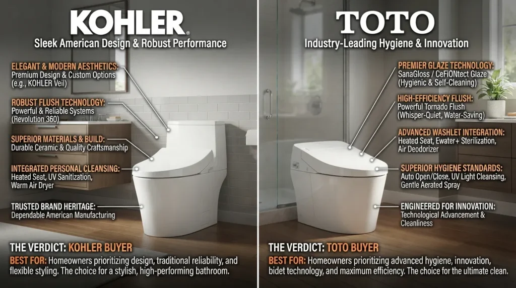 Side-by-side comparison of a Kohler toilet and a Toto toilet in a modern bathroom, showcasing design and flush technology differences for buyers.