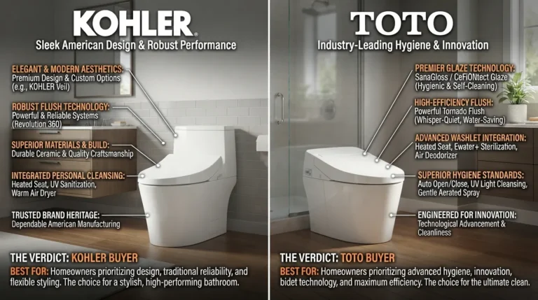 Side-by-side comparison of a Kohler toilet and a Toto toilet in a modern bathroom, showcasing design and flush technology differences for buyers.