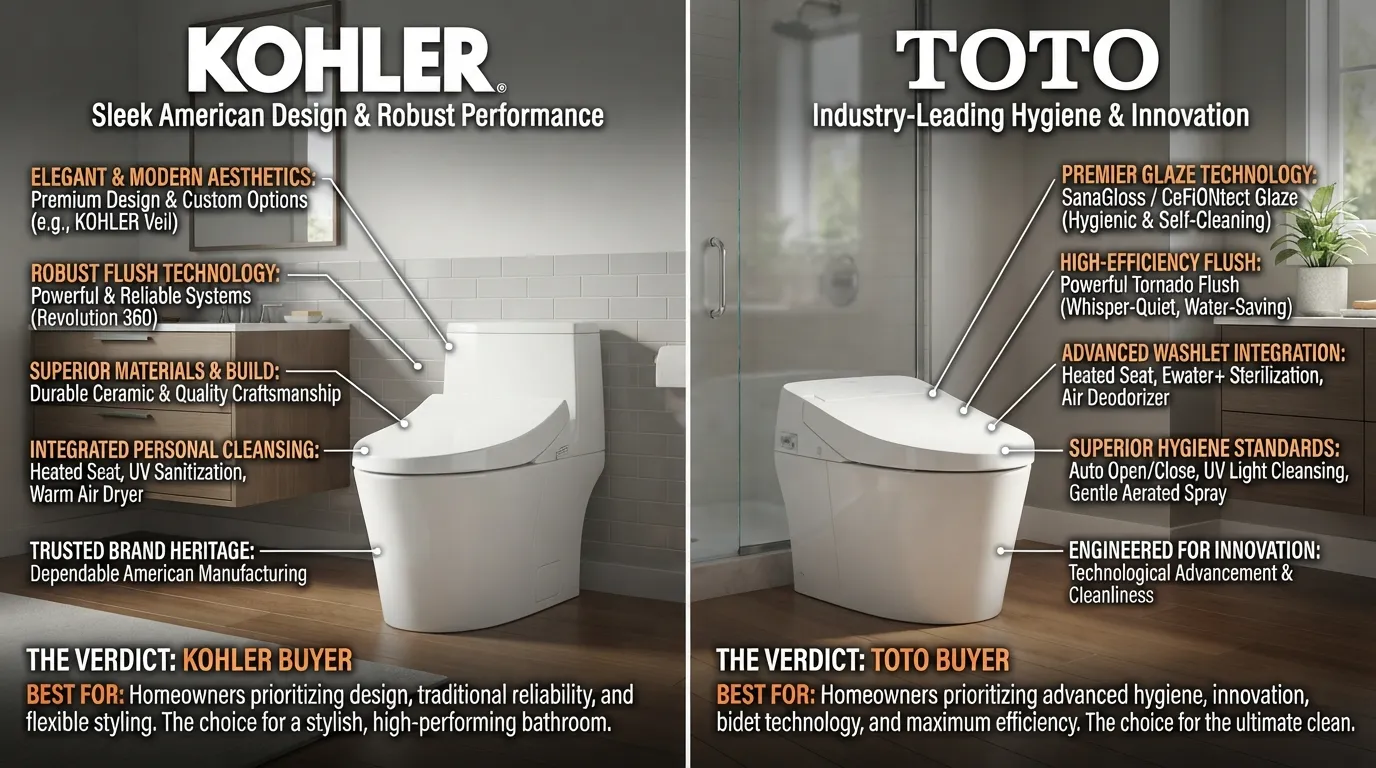 Side-by-side comparison of a Kohler toilet and a Toto toilet in a modern bathroom, showcasing design and flush technology differences for buyers.