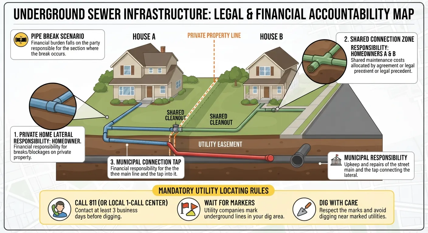 Infographic diagram illustrating property line boundaries, shared sewer lateral responsibilities, and easement zones between neighboring homes and municipal mains.