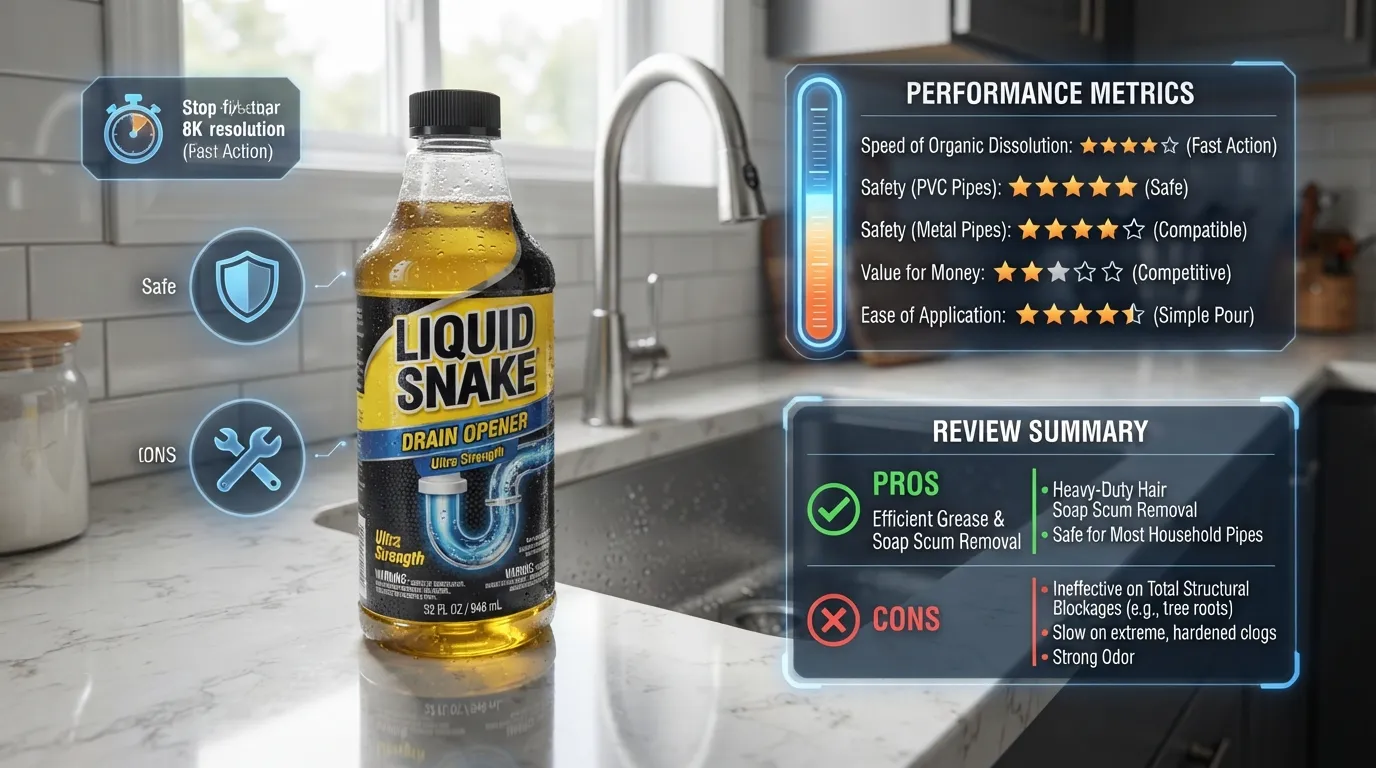 A commercial bottle of Liquid Snake drain opener sitting next to a kitchen sink, accompanied by a performance rating graphic summarizing its clog-dissolving power and pipe safety.