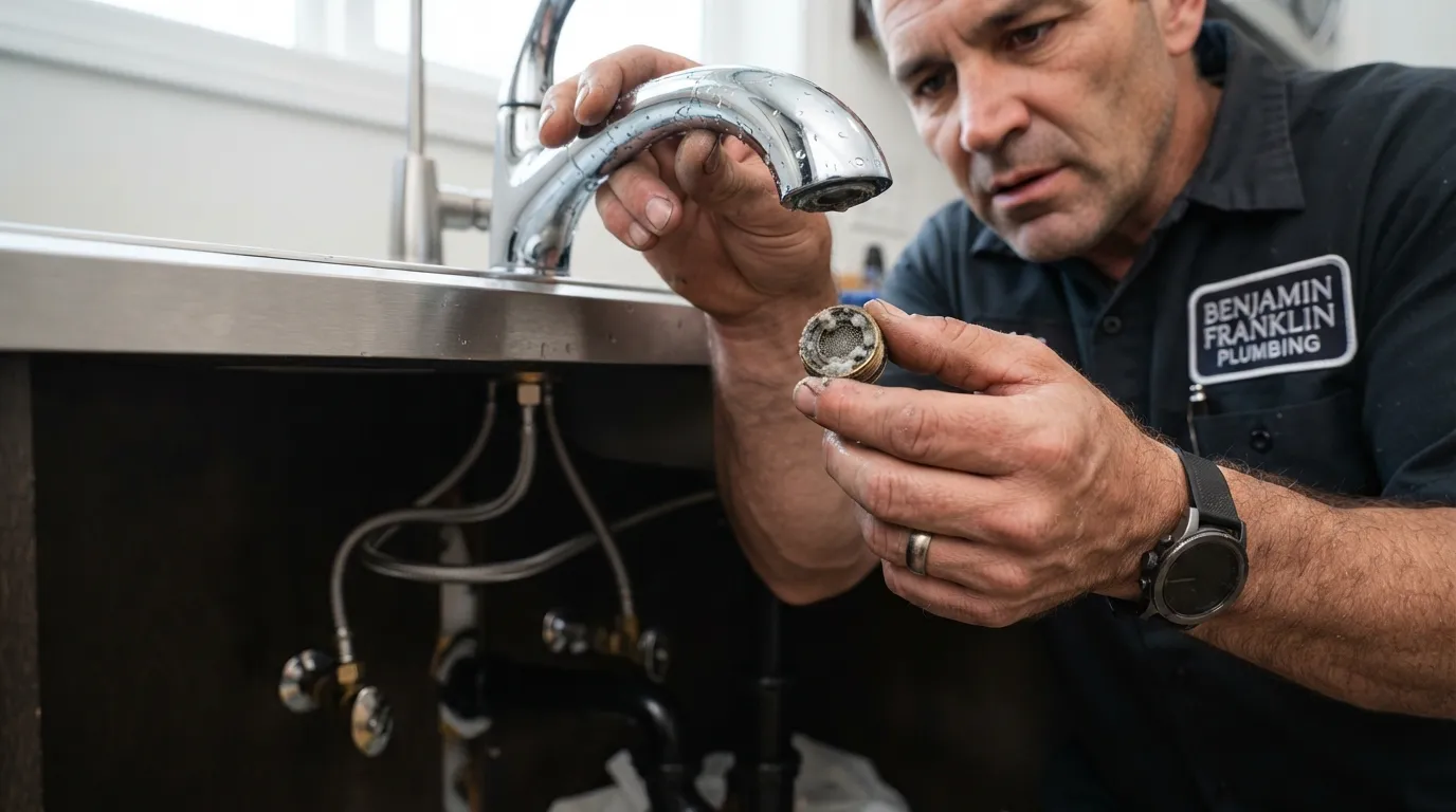 Plumber inspecting the aerator screen of a newly installed modern faucet to diagnose persistent low water pressure.
