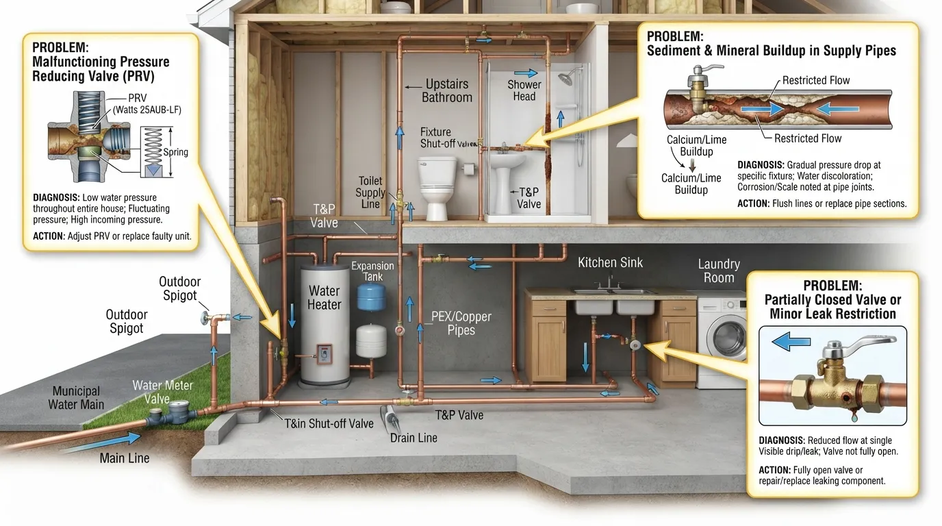 Cross-section diagram illustrating common household plumbing issues that cause low water pressure, including clogged pipes, a faulty pressure regulator, and a closed main shut-off valve.
