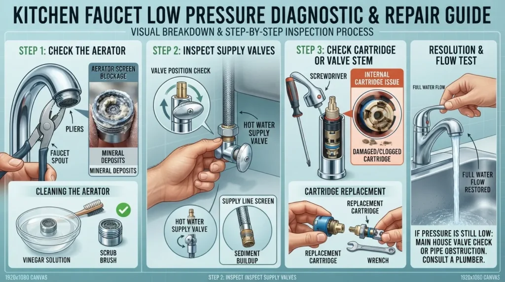 Cross-section diagram showing the internal components of a kitchen faucet and aerator prone to mineral buildup and clogging causing low water pressure.