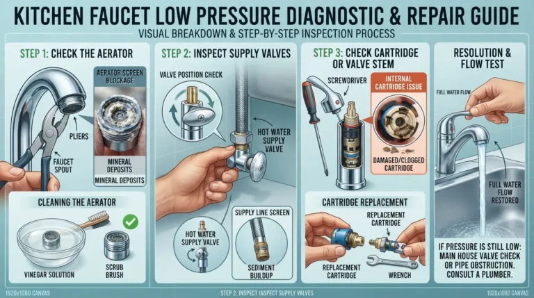 Cross-section diagram showing the internal components of a kitchen faucet and aerator prone to mineral buildup and clogging causing low water pressure.
