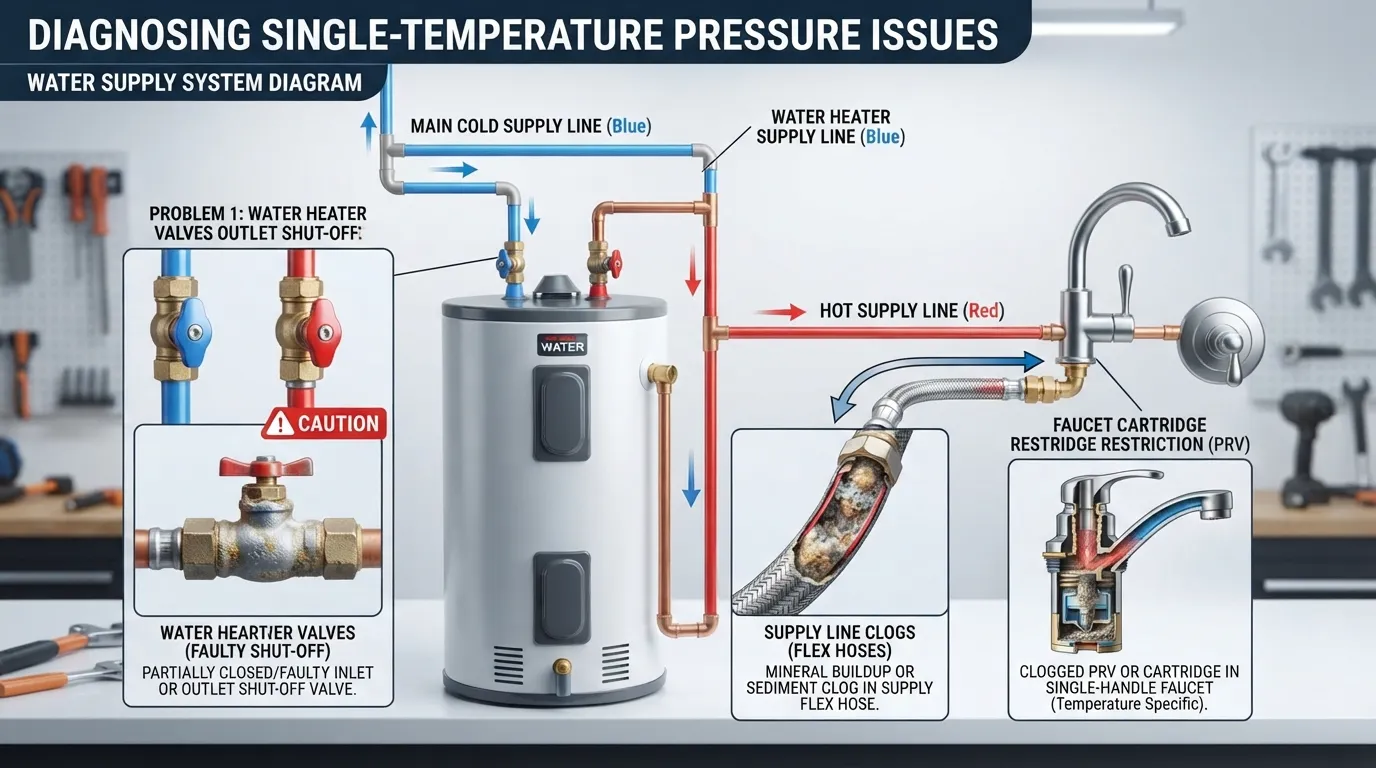 Plumber inspecting a water heater and shut-off valves to diagnose why low water pressure is affecting only hot or only cold water.