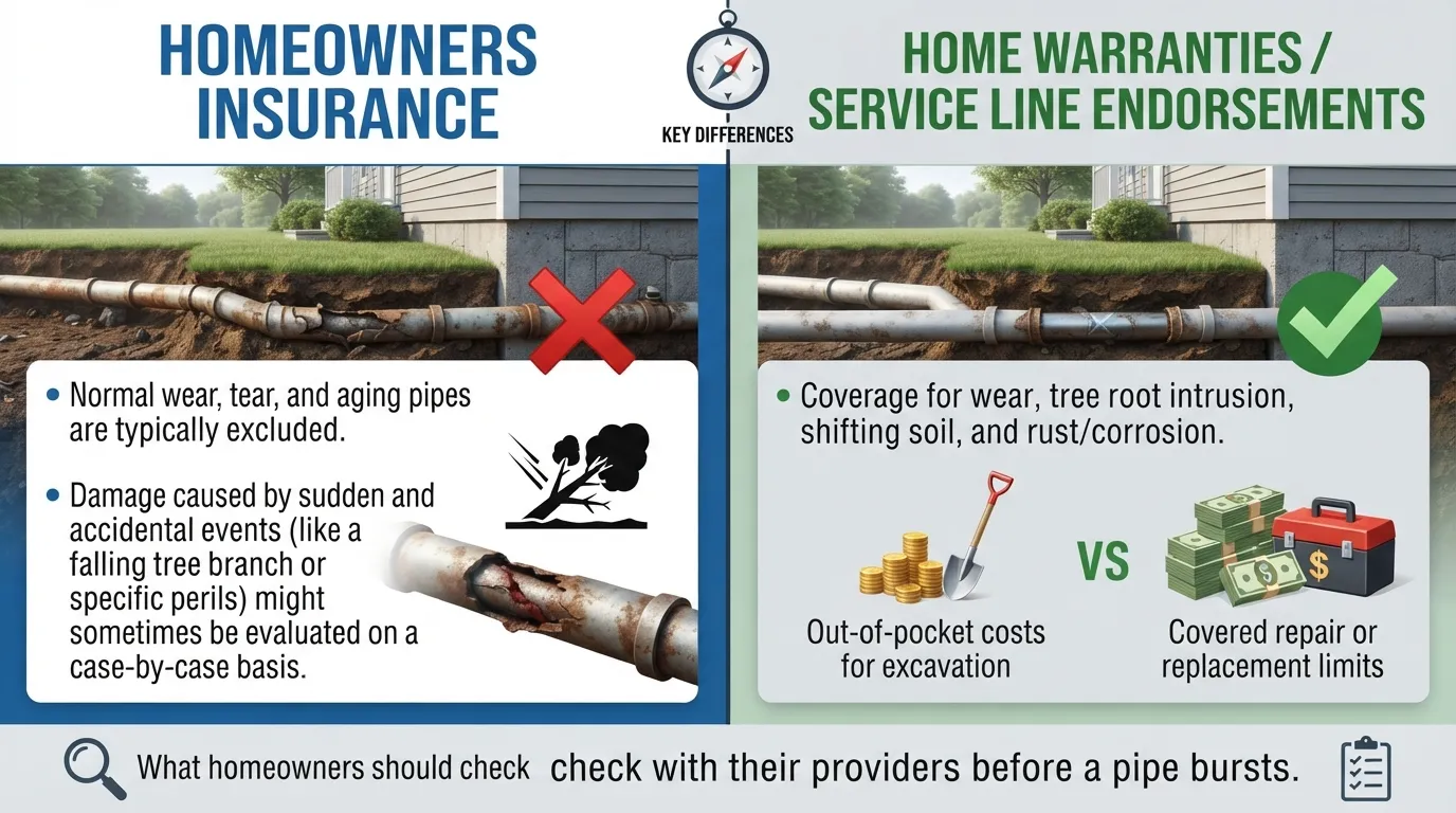 Infographic illustrating home insurance and home warranty coverage differences for main water line replacement, showing what is covered versus what is excluded.