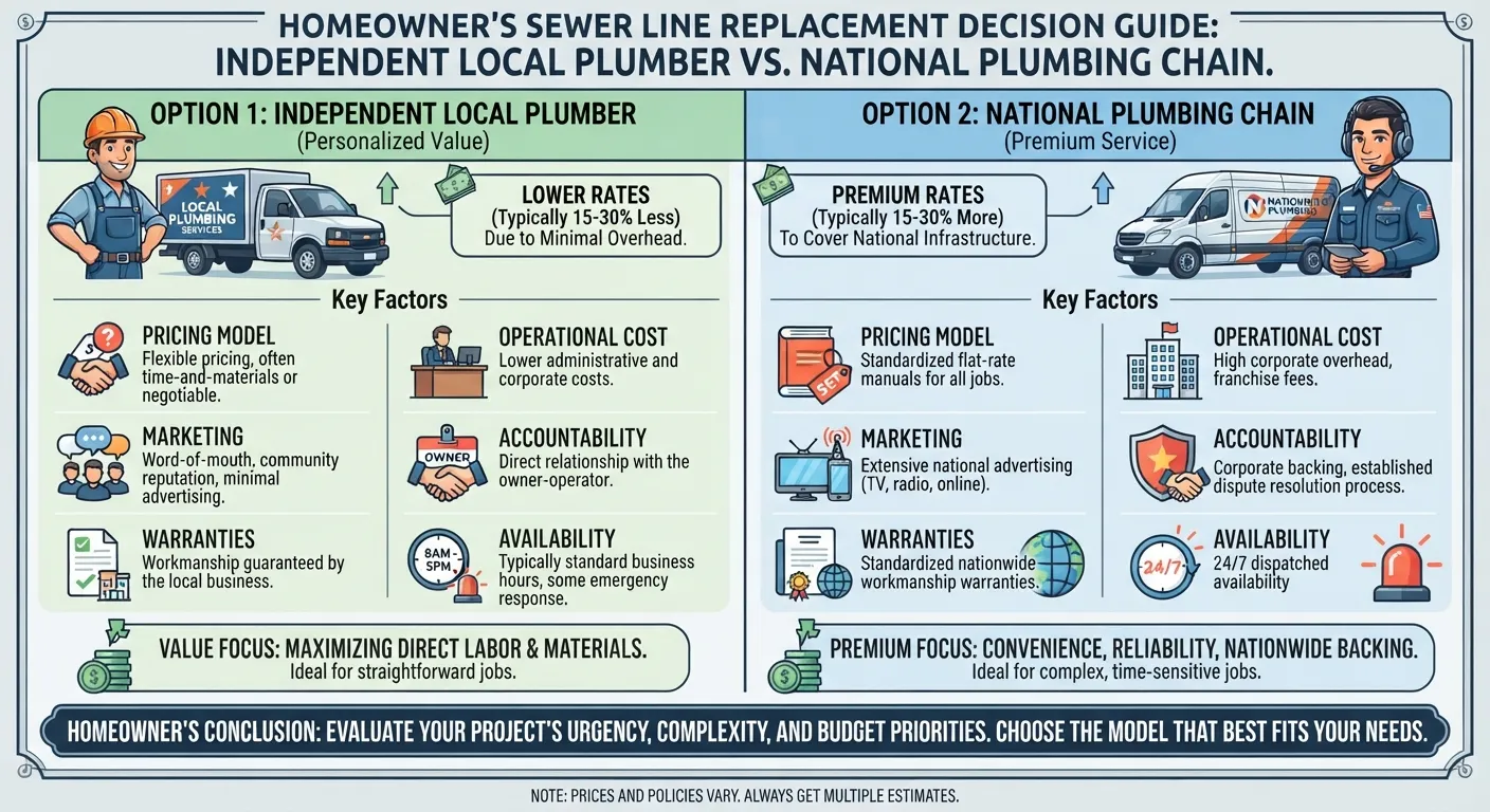 Infographic comparing pricing structures, service fees, and warranty benefits between national plumbing franchise chains and independent local plumbing contractors.