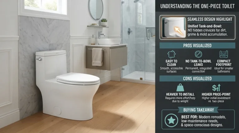 Side-by-side comparison of a sleek one-piece toilet showing its seamless tank-to-bowl design alongside key performance and installation highlights.