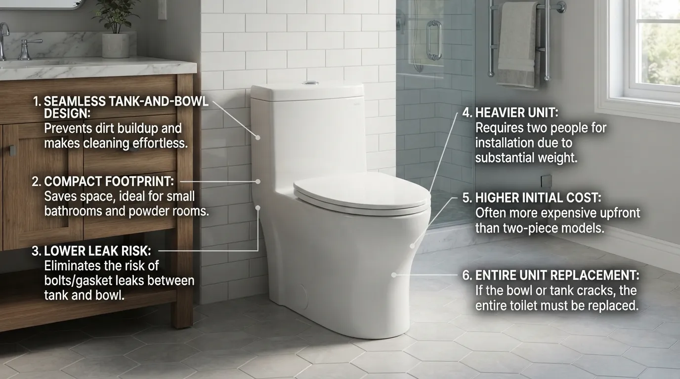 Comparison photo showing a seamless one-piece toilet installed in a modern bathroom, highlighting design pros and installation cons.