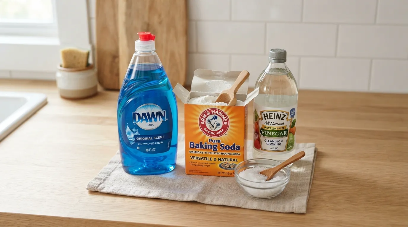 A collection of natural cleaning ingredients including a bottle of Dawn dish soap, salt, white vinegar, and baking soda arranged on a kitchen counter for a DIY home remedy cleaning solution.