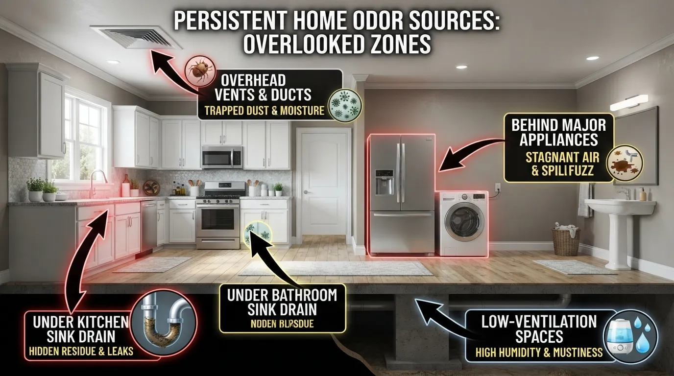 A home interior highlighting hidden trouble spots like air vents, drains, and basements where lingering odors commonly originate.