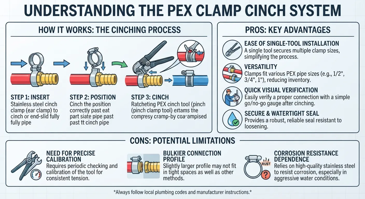 A detailed view of a PEX clamp cinch system installation showing stainless steel rings, fittings, and the specialized cinch tool used for plumbing connections.