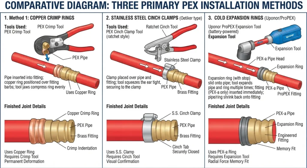 Infographic comparing PEX crimp, clamp, and expansion plumbing fitting methods showing tools and connection types.