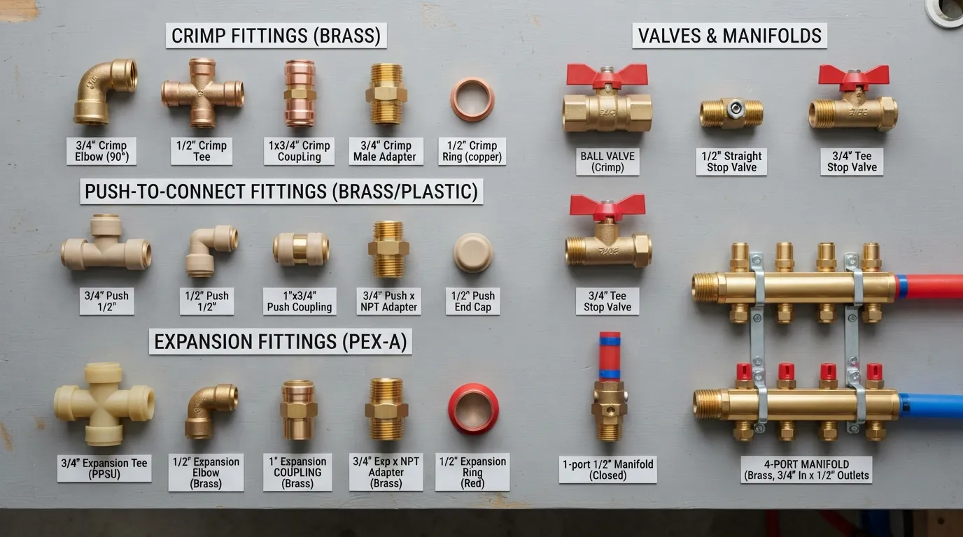 Close-up photo of various PEX plumbing fittings—including elbows, tees, couplings, and valves—labeled with their names on a clean workshop surface.