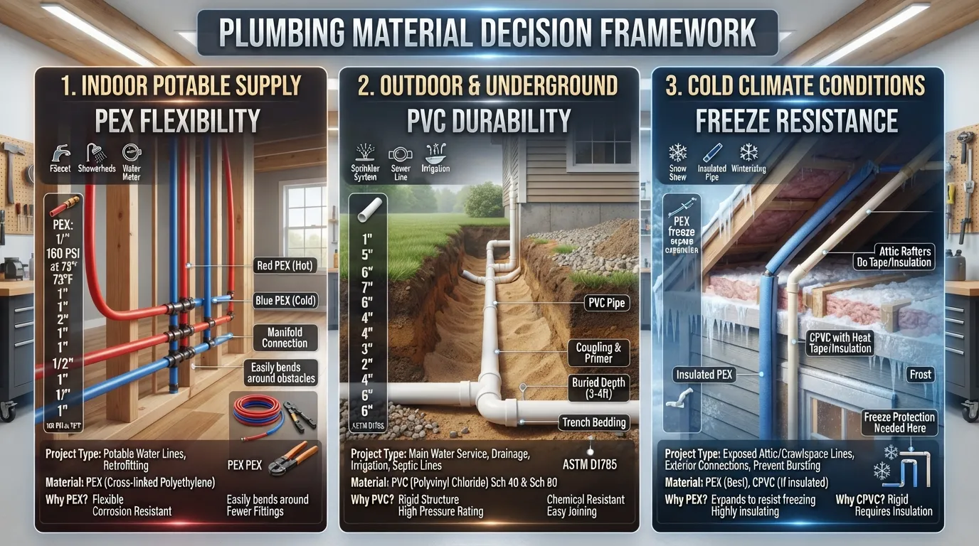 Plumbing scenario decision chart comparing when to use PEX for indoor water lines versus PVC for outdoor drainage