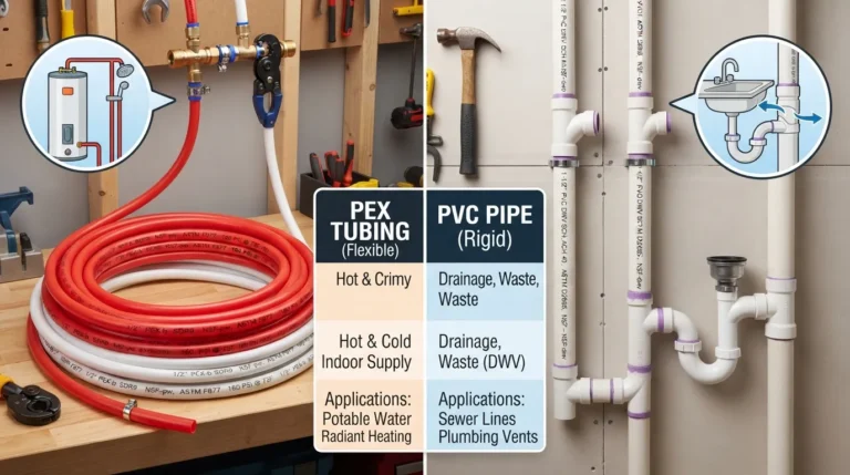 Side-by-side comparison of flexible red and blue PEX pipes next to rigid white PVC pipes used in residential plumbing.